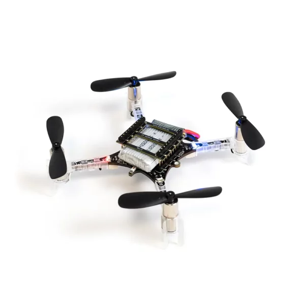 Close-up view of a small quadcopter drone with black propellers and a clear frame