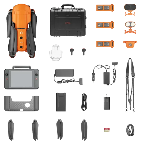 Autel Robotics drone kit components laid out, including the drone, controller, batteries, propellers, charger, cables, and carrying case.