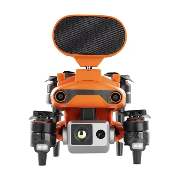 Front view of an orange Autel Robotics drone equipped with a camera and loudspeaker.