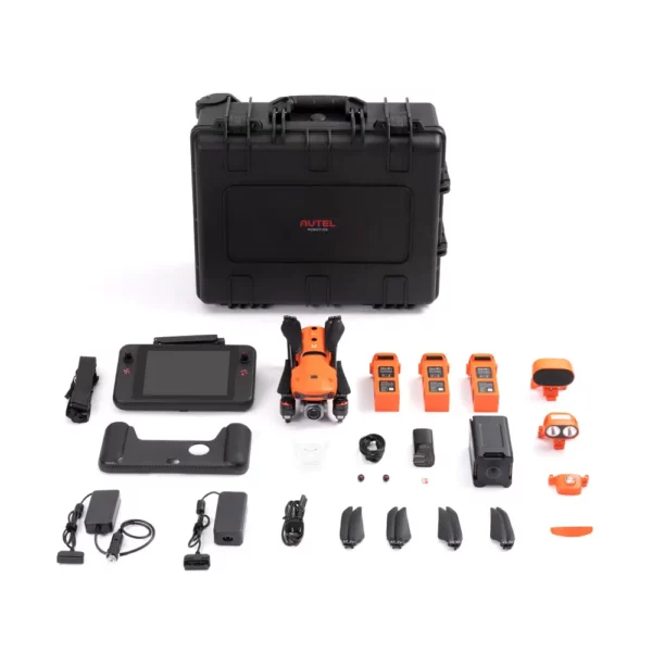 Autel Robotics drone kit components laid out, including the drone, controller, batteries, propellers, charger, cables, and carrying case.