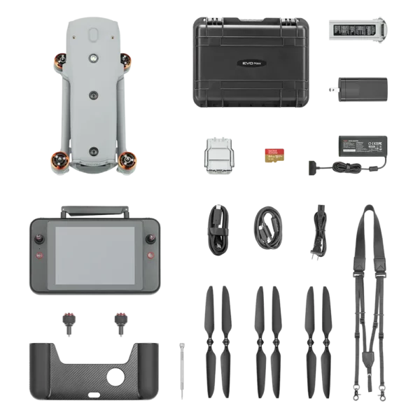 Drone kit components laid out, including the drone, controller, propellers, charger, cables, and carrying case.