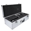 Open protective carrying case with foam inserts, holding drone components and accessories