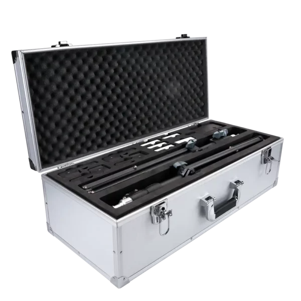 Open protective carrying case with foam inserts, holding drone components and accessories