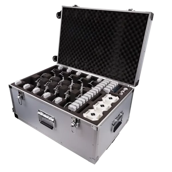 Open protective carrying case with foam inserts, holding multiple drone batteries and accessories