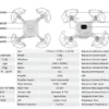 Diagram of a drone with labeled components and detailed specifications, including battery capacity, voltage, flight time, and various technical features