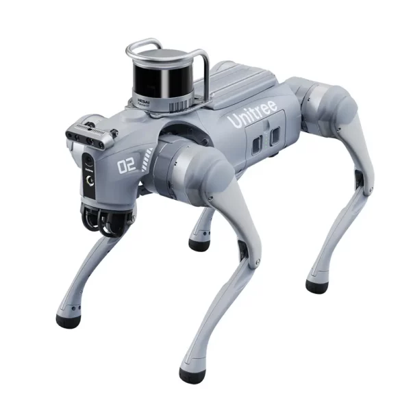 Unitree robotic dog with a sleek gray design and multiple sensors on its body