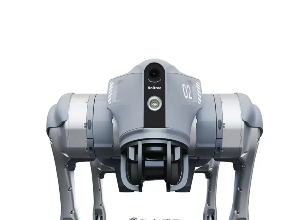 Front view of a Unitree robotic dog with advanced sensors and cameras