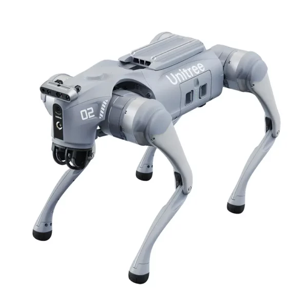 Unitree robotic dog with a gray body and advanced sensors, shown in a standing position