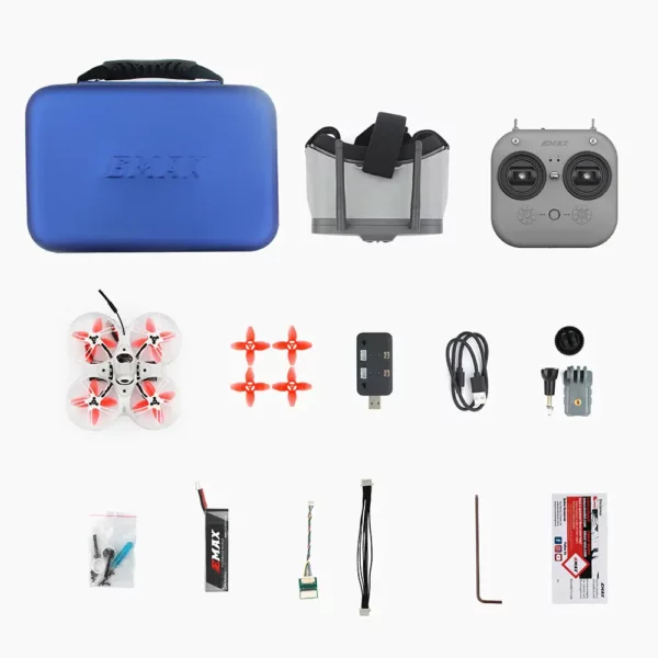 Drone kit components laid out, including a blue carrying case, goggles, controller, small drone, spare propellers, charger, cables, tools, and battery