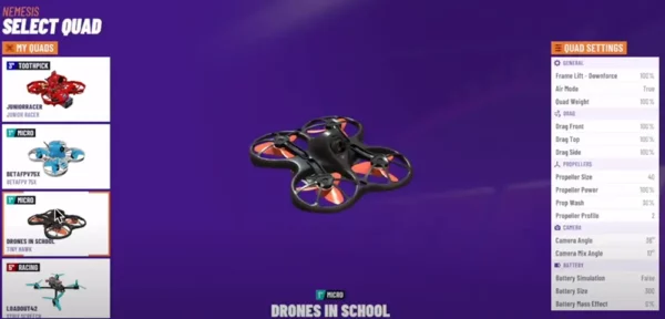 Selection screen for drones in a simulation game, displaying various quadcopter models and customization options on a purple background.