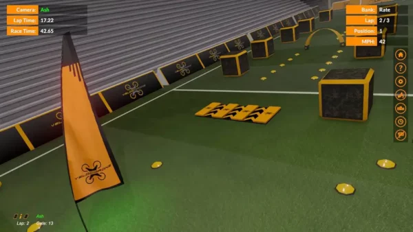 Drone simulation game showing an indoor race track with obstacles, flags, and timing details